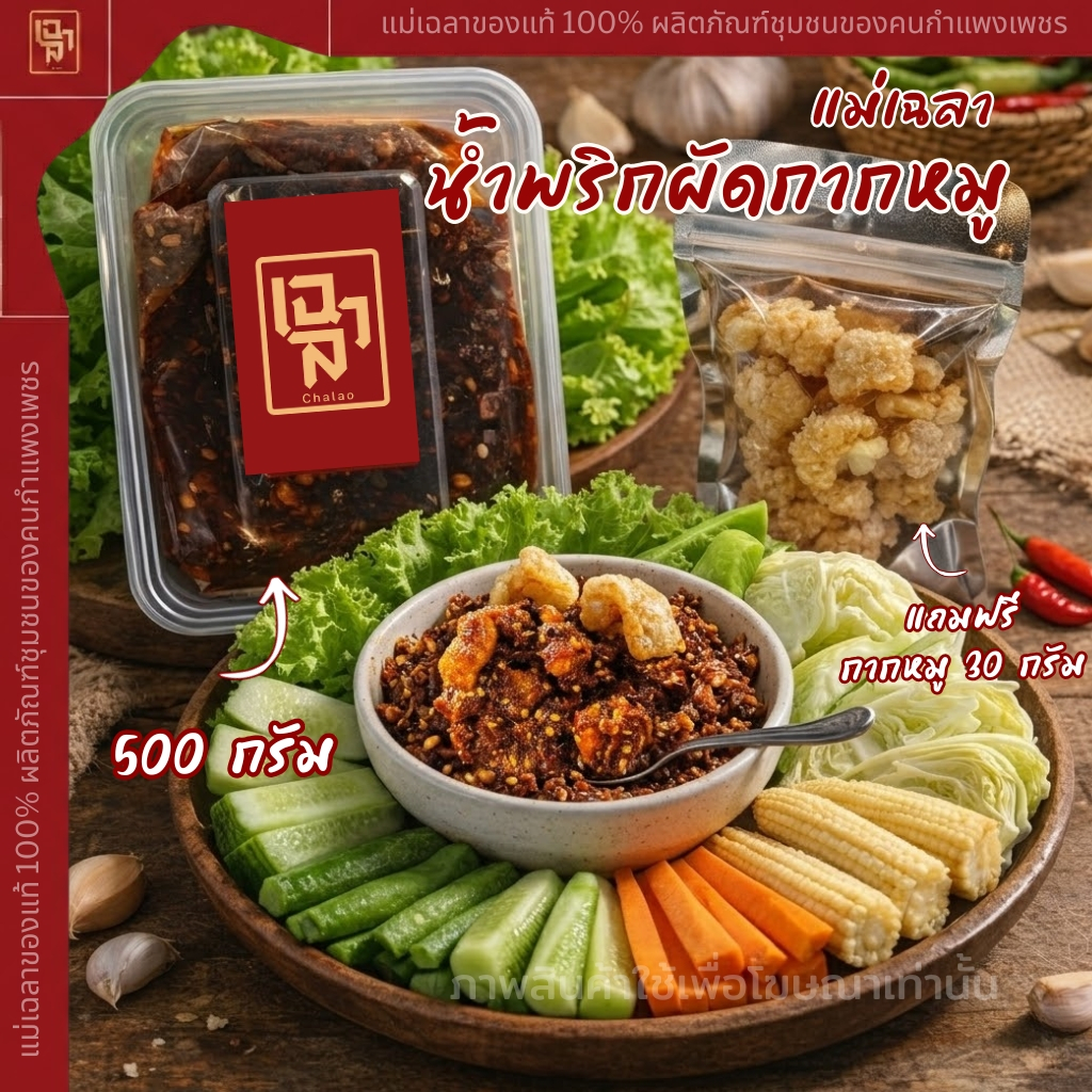 น้ำพริกผัดใส่กากหมู แม่เฉลา (แยกกากหมู)  ขนาด 500 กรัม แถมฟรีกากหมู 1 ถุง