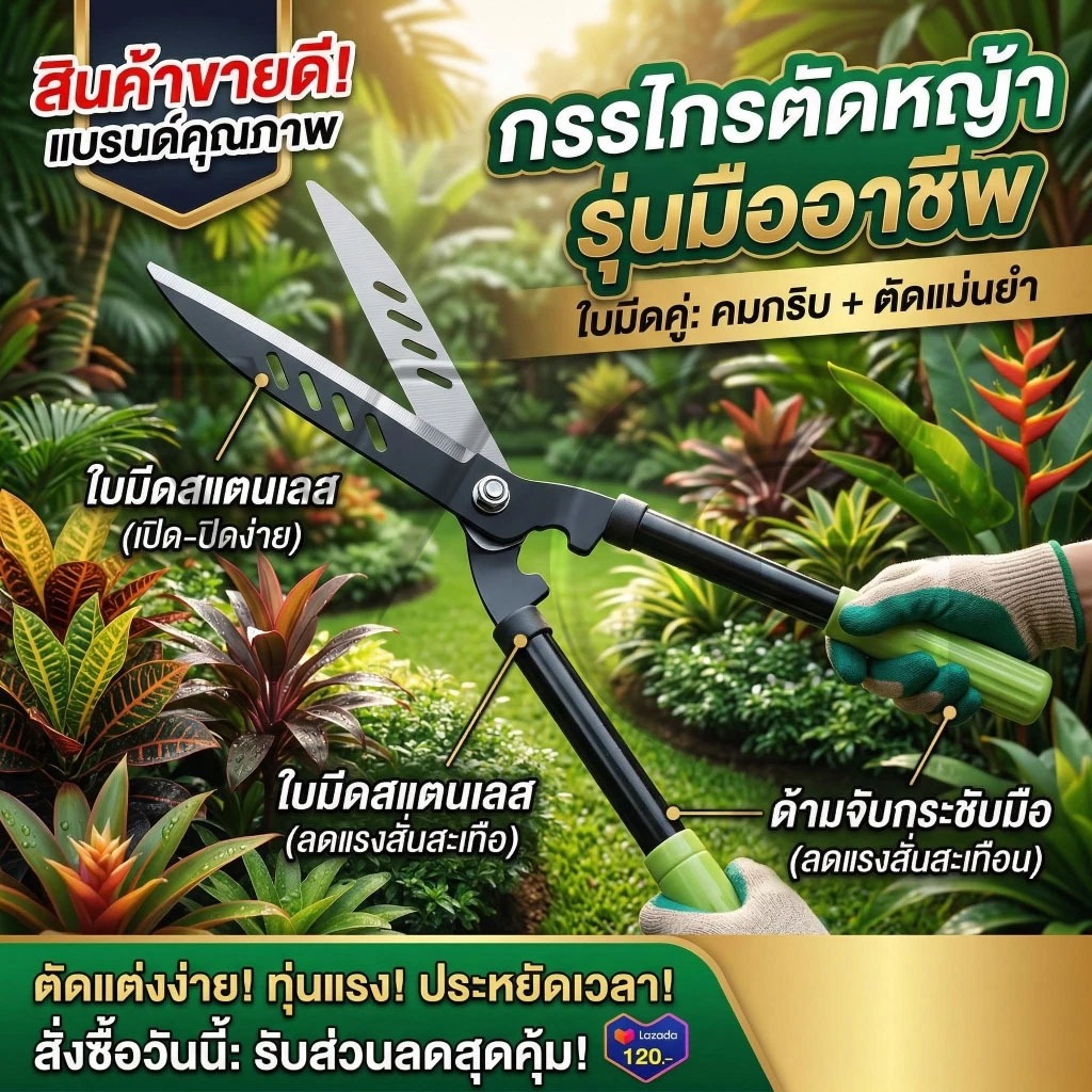 กรรไกรตัดแต่งกิ่งไม้ด้ามยาว/กรรไกรตัดหญ้า ใบมีดตรง สำหรับตัดแต่งกิ่งไม้ขนาดยาว ทำจากเหล็กเคลือบยาง