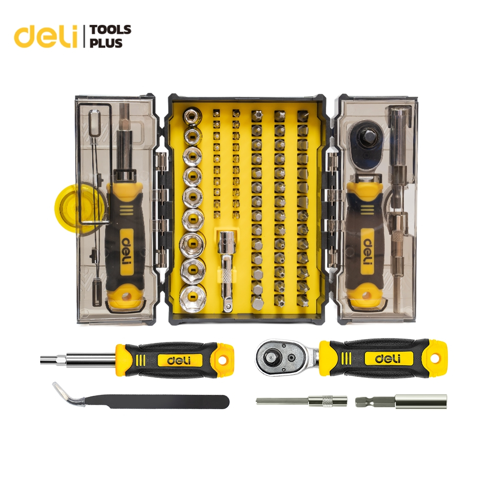Deli ไขควงและบล็อก 78-in-1 ชุดมัลติฟังก์ชัน กล่องเก็บ 2 ชั้น ดอก Cr-V ด้ามเฟือง ปรับระดับได้ Repair Tool Set