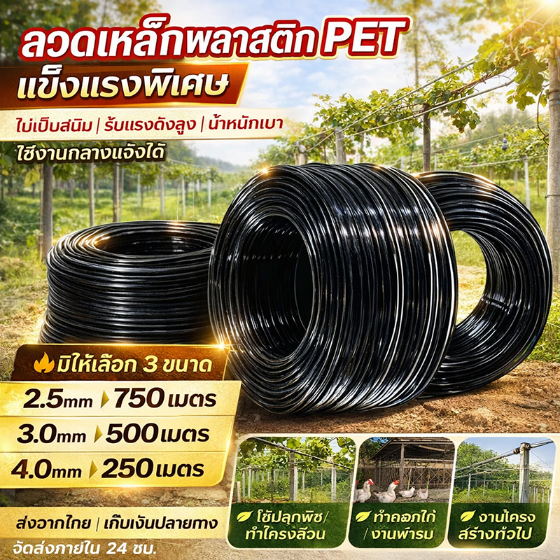 ลวดพลาสติก PET เกรดเกษตร แข็งแรง ทนแดด ทนฝน ไม่เป็นสนิม ใช้มัดต้นไม้ ค้างผัก ดัดบอนไซ ยกม้วน ราคาถูก