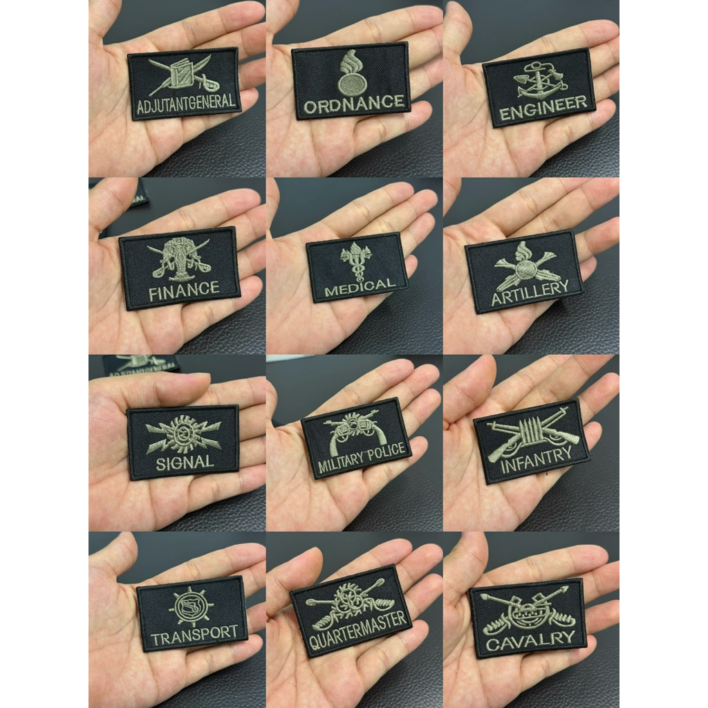 อาร์มตีนตุ๊กแก ขนาด6.5x4cm หมู่ทหาร ทหาร อาร์มรุ่นเหล่าทหารราบ ปักเขียวดำพื้น