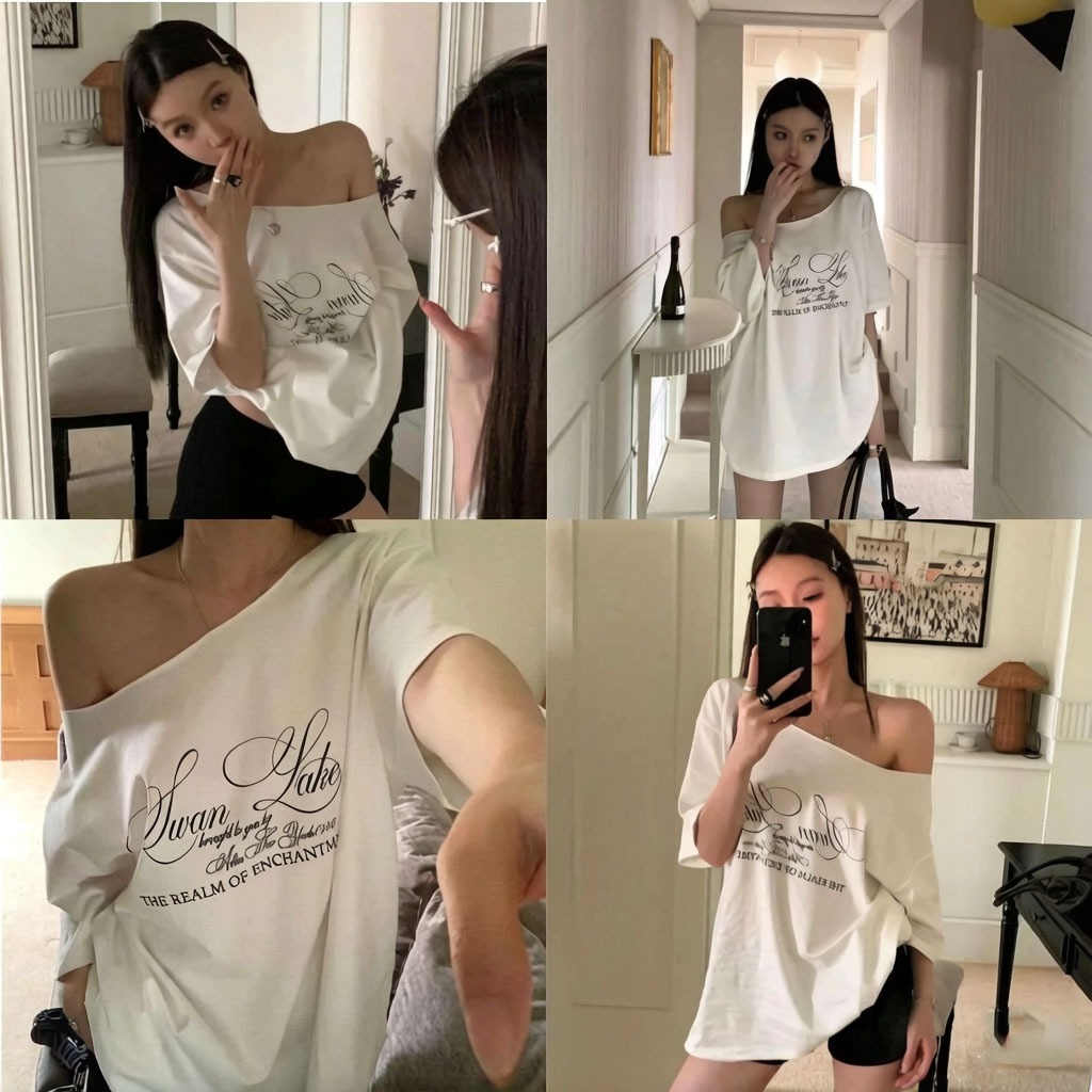 Brave🚀พร้อมส่ง🚀เสื้อยืดผู้หญิง ปาดไหล่ เกาหลี ทรงหลวม ผ้าคอตตอนแท้ ใส่สบาย สาวอวบใส่ได้ ฤดูร้อน #16821