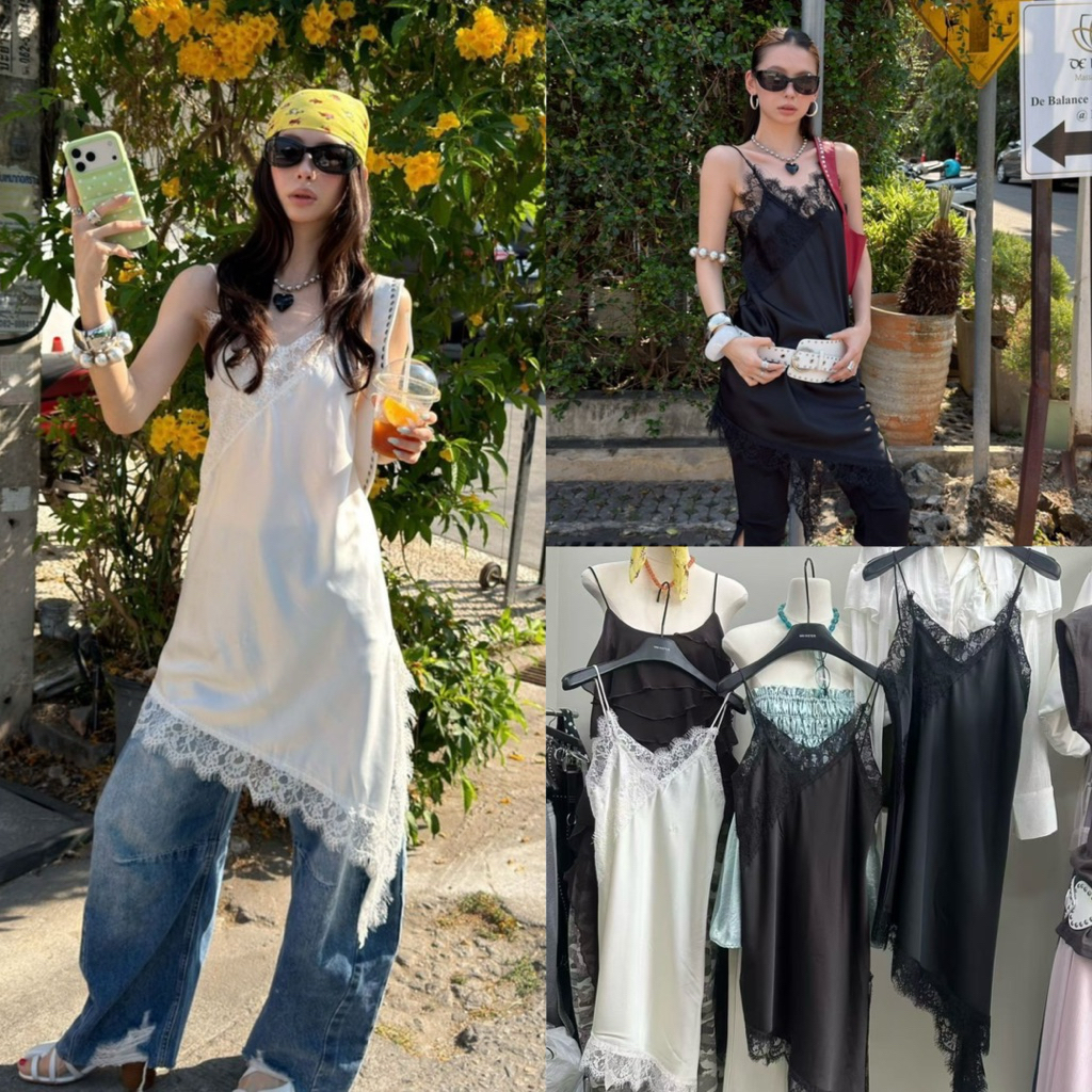 📍พร้อมส่ง📍SU613 25Q 🇰🇷เสื้อสายเดี่ยวตัวยาว ผ้าซาตินเนื้อดี ทรงสวยเลยค่า แต่งผ้าลูกไม้ Tag MMfish🇰🇷