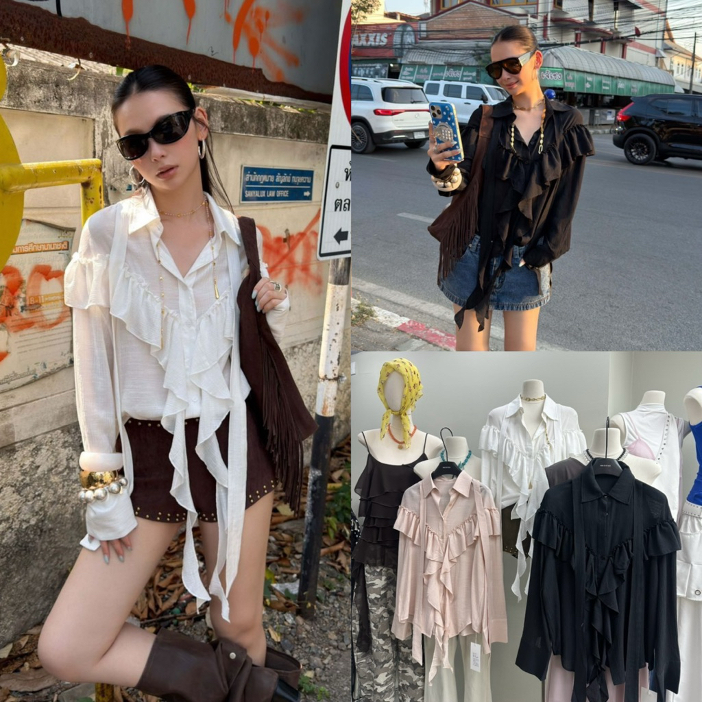 📍พร้อมส่ง ดำ📍26C101 SU101🇰🇷เสื้อแขนยาว คอปก แต่งผ้าช่วงอก งานสวยเก๋ ผ้าดี งานทรงนี้ใส่เที่ยว Tag MM 