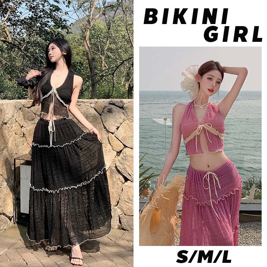ชุดว่ายน้ำสามชิ้น คอวี กระโปรงยาว เปิดหลัง ทรงเข้ารูป บิกินี่สำหรับผู้หญิง เอวสูง แฟชั่น ชายหาด