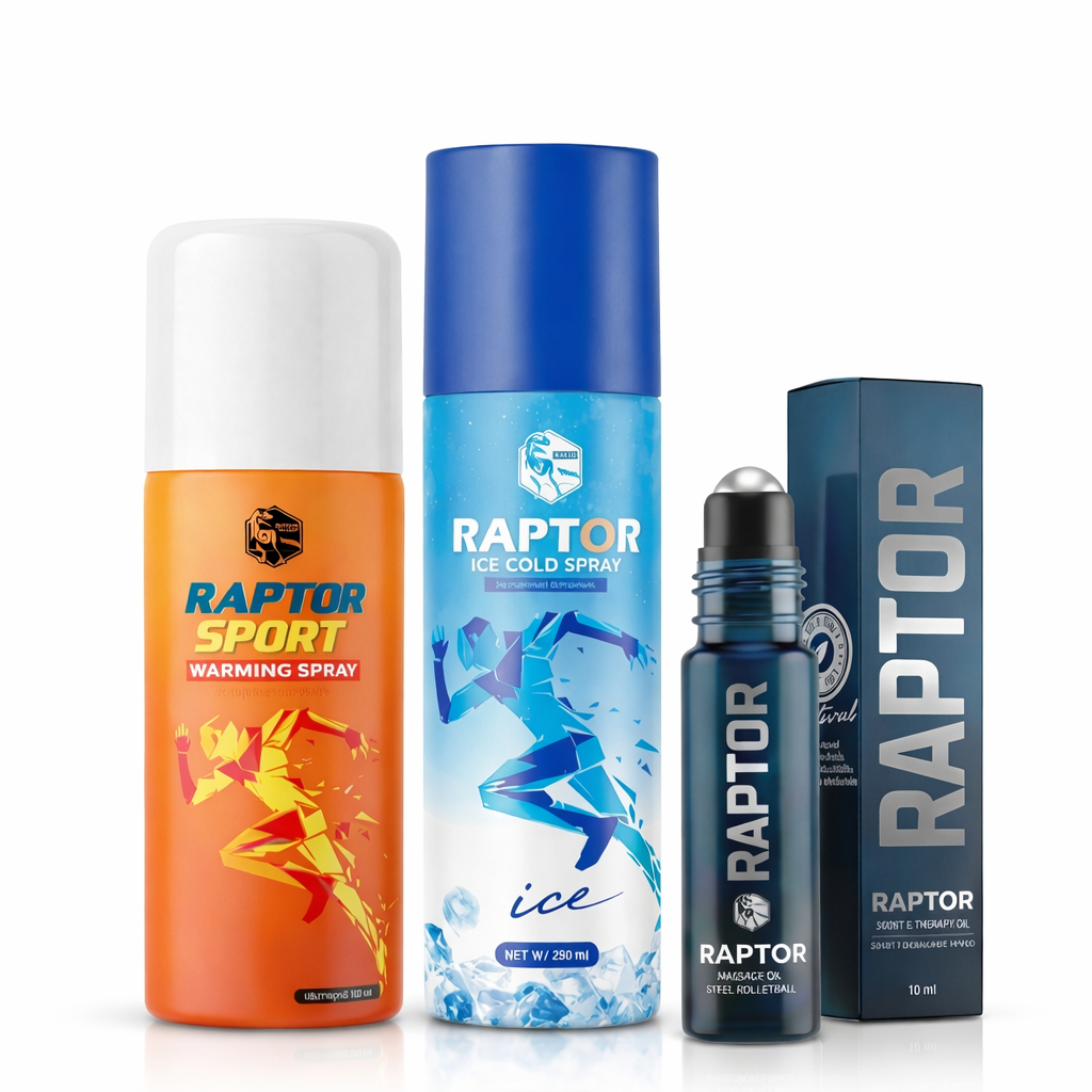 [SET 3 ชิ้น] RAPTOR ชุดสเปรย์สปอร์ต (ร้อน/เย็น) และ น้ำมันนวดผ่อนคลาย
