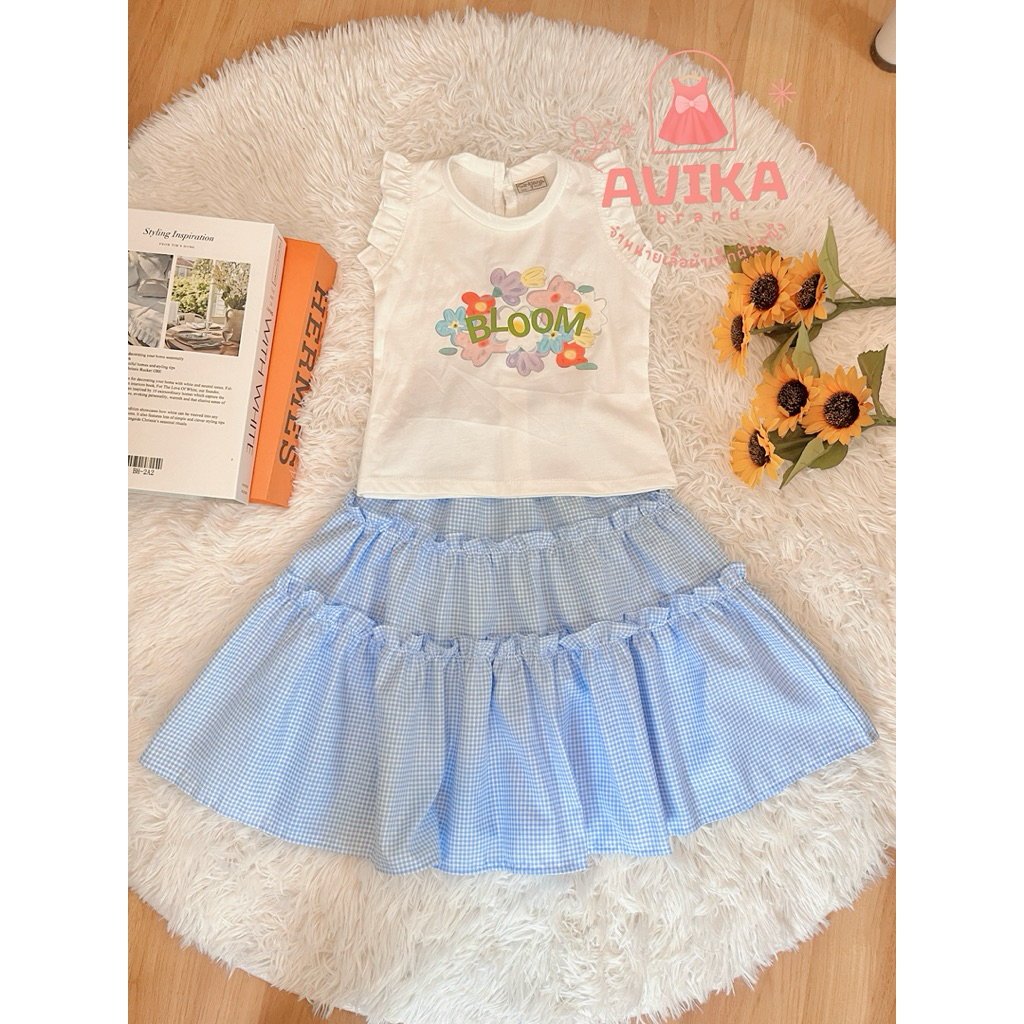 Set เสื้อลายดอก กระโปรงฟ้ายาว น่ารักๆ