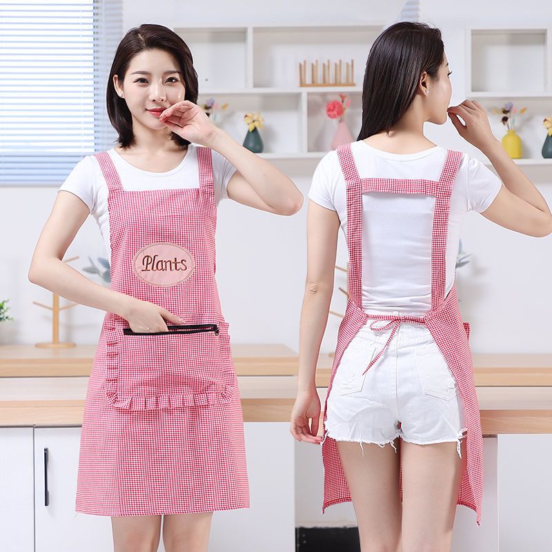 ผ้ากันเปื้อนPlaid ผ้ากันเปื้อนพร้อมกระเป๋าซิปขนาดใหญ่ สวมคอรูปตัวH สไตล์ญี่ปุ่น ผ้าฝ้ายลินิน พร้อมส่งไวจากไทย