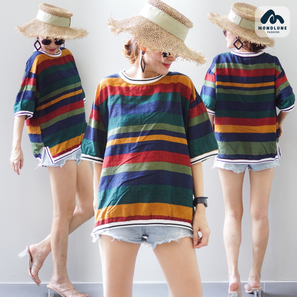 #3386 MondLune เสื้อเบลาส์คอกลม แต่งแถบสี ผ่าข้าง ผ้าป่านคอตต้อน ลายริ้ว สีวินเทจ ผ้าบางเบา สบาย เหมาะกับฤดูร้อน