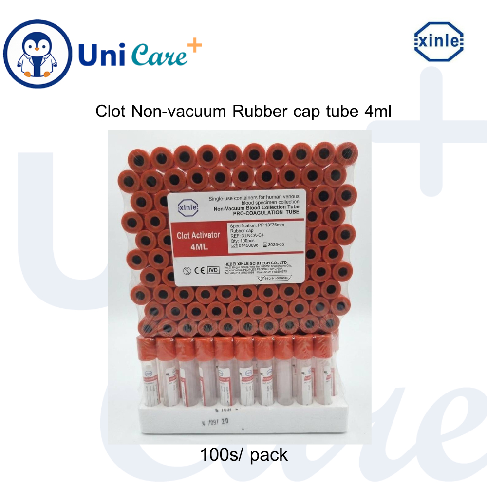 หลอดเก็บตัวอย่างเลือด Clot Non-vacuum Rubber cap tube 4ml, 6ml (100 หลอด / แพ็ค)