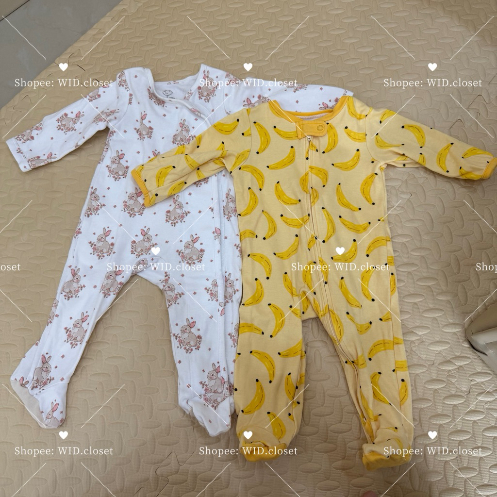 💛 ส่งต่อมือสอง เหมา2ชุด ชุดนอนซิปและแบบแปะ Babylovett bodysuit size 6-9 กล้วย & รอมแปะกระต่าย • bblv