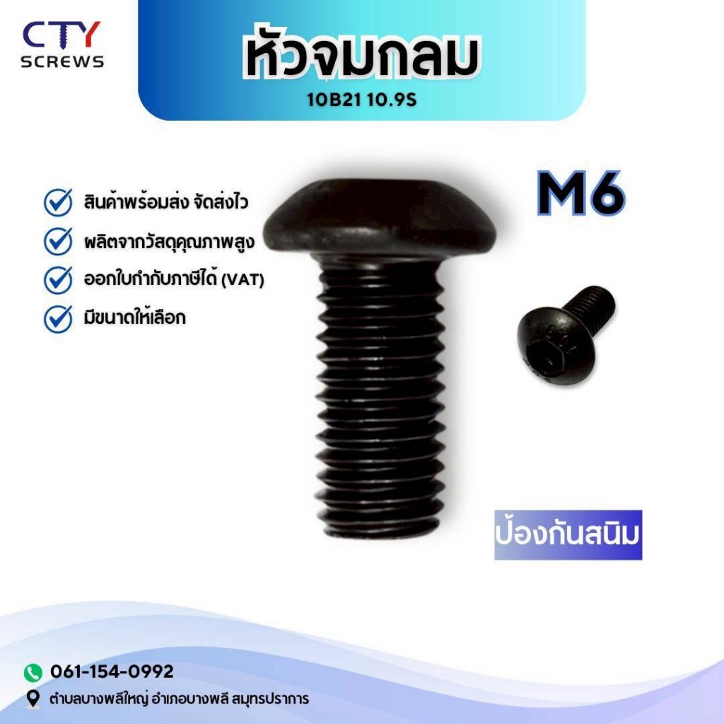 หัวจมลม สลักเกลียวหัวกลม, สกรูถ้วยกึ่งรอบ, สกรูหกเหลี่ยมหัวกระทะนิกเกิลสีดําเกรด M6 10ฺB21 10.9S ISO7380 ราคา ถูกที่สุด ดีลบีเคเค