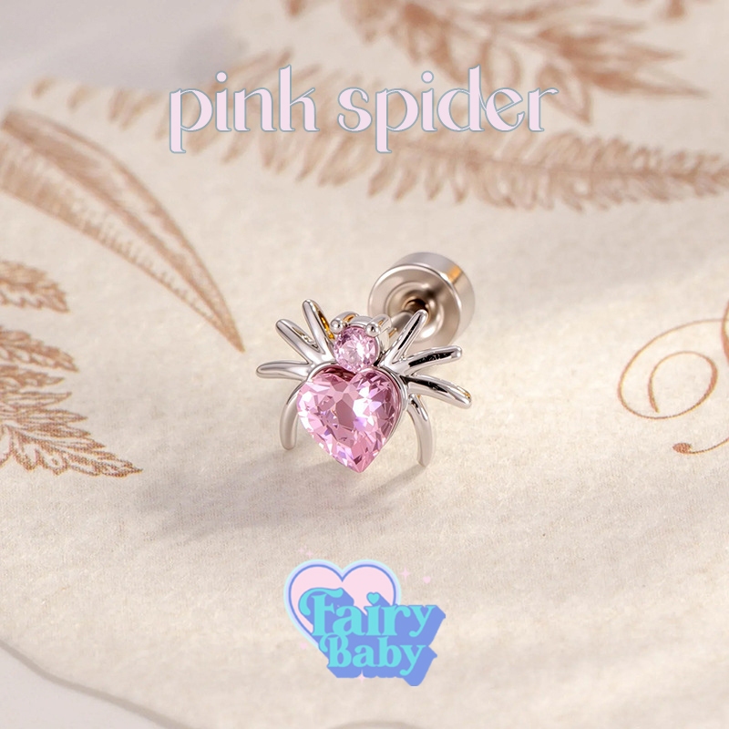Fairybaby จิว Pink Spider ( 1 ชิ้น) แป้นแบน รูปแมงมุม ประกายชมพู เท่ น่ารัก หนา 0.8  ยาว 6 mm (J3-185)