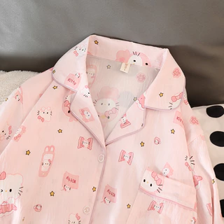 ชุดนอนแขนยาว+กางเกงขายาวHello Kitty สีชมพูคิตตี้ การ์ตูนน่ารัก ผู้หญิง ร้อนฤดูร้อน ผ้าคลุมสบาย CloudFeeling มีไซส์ M-2XL