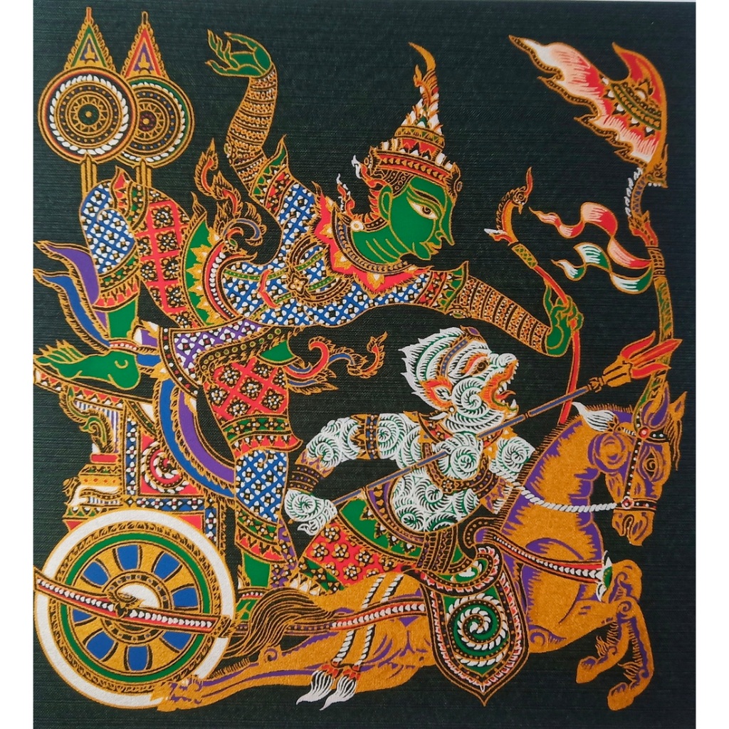ภาพพิมพ์ศิลปะไทยวิจิตรบนผ้า No.N-1 หนุมานและรามเกียรติ์ Exquisite Thai Art Prints on Cloth No.N-1 Ha