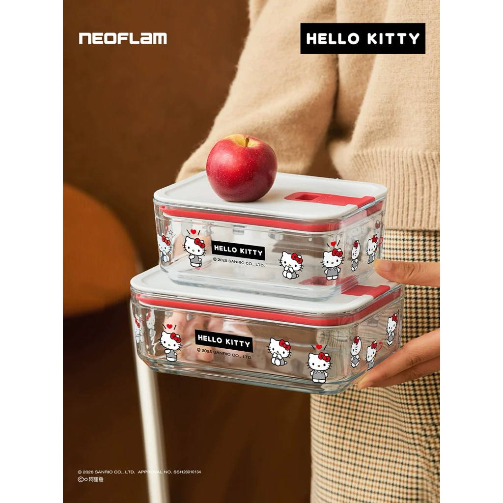 🇹🇭Neoflam x Hello Kitty กล่องข้าวเนื้อแก้ว ลายคิตตี้ กล่องสุญญากาศ ฝาปิด กระเป๋าเก็บอุณหภูมิ รุ่นขาว-แดง