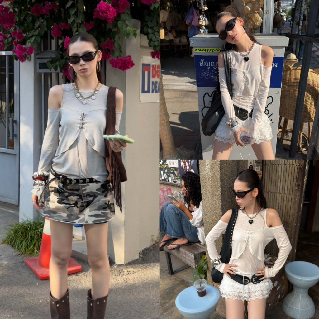 (พร้อมส่ง) เสื้อคอกลมแขนยาวแต่งเปิดไหล่รุ่น 26T050 TAG MM FISH – โปรปัง