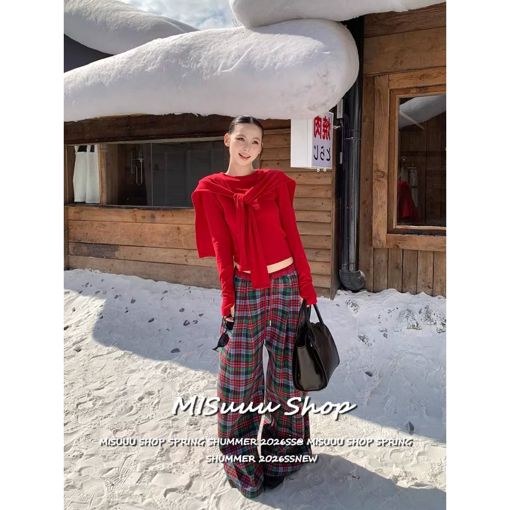 [Plaid Color Block Set]ชุดสตรีฤดูร้อนดีไซน์สวยลวดลายสก็อตสีผสมเข้ากับทุกลุคสบายเรียวข้อรอบอก