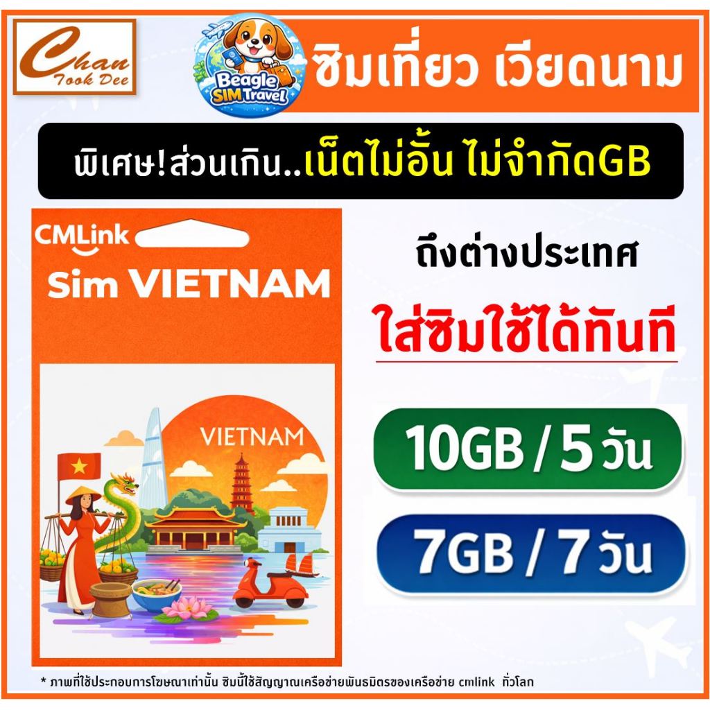 SIM TRAVEL VIETNAM ซิมท่องเที่ยว เวียดนาม 5G/4G/3G ไม่อั้น* | ใช้ได้ทันที | เลือกแพ็กเกจตามวันได้  ม