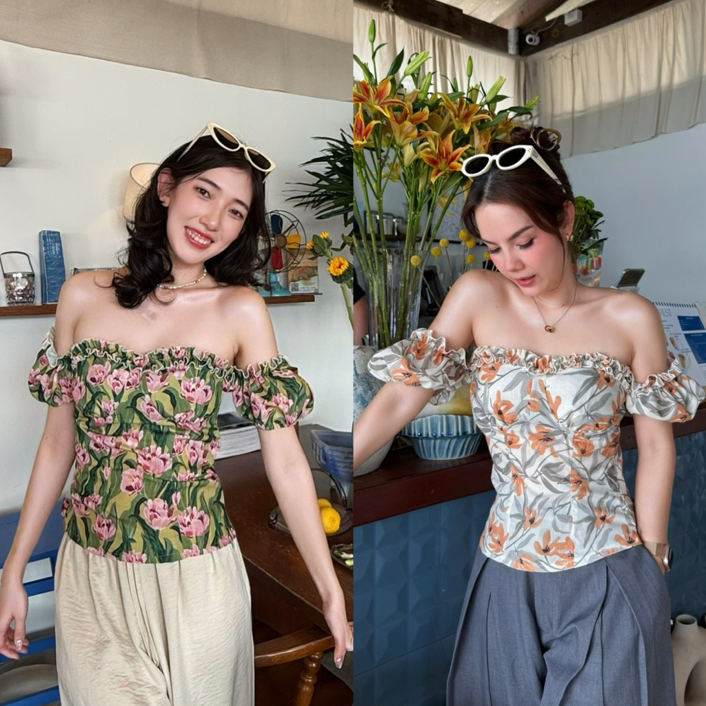 Flora summer top เสื้อแขนตุ๊กตาลายดอกไม้ ทรงเต้าสวย ใส่ได้สองแบบ ขึ้นไหล่หรือใส่เกาะไหล่ก็ได้