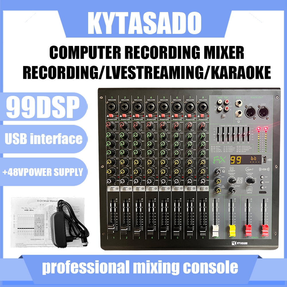 เครื่องผสมเสียงระดับมืออาชีพ: 8 แชนแนล, เอฟเฟ็กต์รีเวิร์บ DSP ในตัว 99 แบบ, รองรับการเชื่อมต่อบลูทูธ 5.0