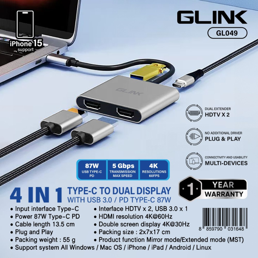 GLINK Hub Type-C แปลงออก HDMI 2 จอ + USB3.0 + PD 87W รุ่น GL-049