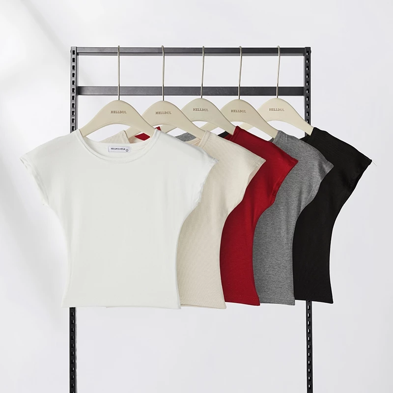 HELLDUL T0004เสื้อยืดคอกลมแขนสั้นเอวตัดสั้นผ้านุ่มสีหลายสี สไตล์คลาสสิก ส่งจากไทย