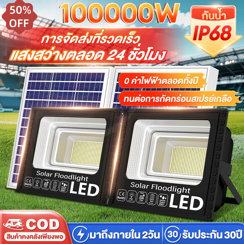 ซื้อ 1 แถม 1 ไฟโซล่าเซลล์ 100000W โซล่าเซลล์ ไฟถนน กันน้ำ IP67 solar cell ไฟสปอร์ตไลท์ LED เปิดปิดอัตโนมัติ ไม่มีค่าไฟฟ้