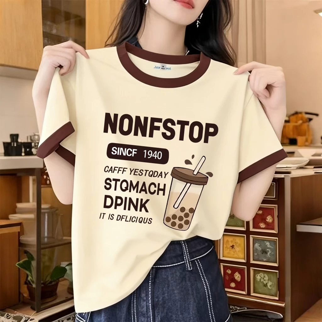 (อัปเกรดอย่างสมบูรณ์) เสื้อแขนสั้นคอกลมสไตล์เกาหลีสำหรับผู้หญิง พิมพ์ลายสกรีน ไม่ลอกง่าย มี 4 สีให้เลือก (ไซส์ M-XXXL)