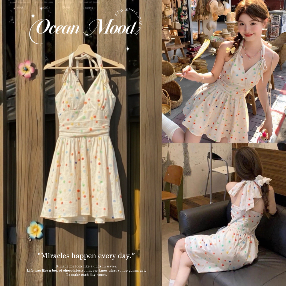 ส่งไวจากไทย ชุดว่ายน้ำวันพีซ ผู้หญิง Dress Polka-Dot Skittles เที่ยวทะเล สไตล์เกาหลี | Ocean Mood