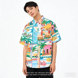 SGH0273 เสื้อฮาวายผู้ชาย ลายทะเล Aloha Summer เสื้อเชิ้ตแขนสั้น ใส่เที่ยวทะเล หล่อเท่ ใส่สบาย
