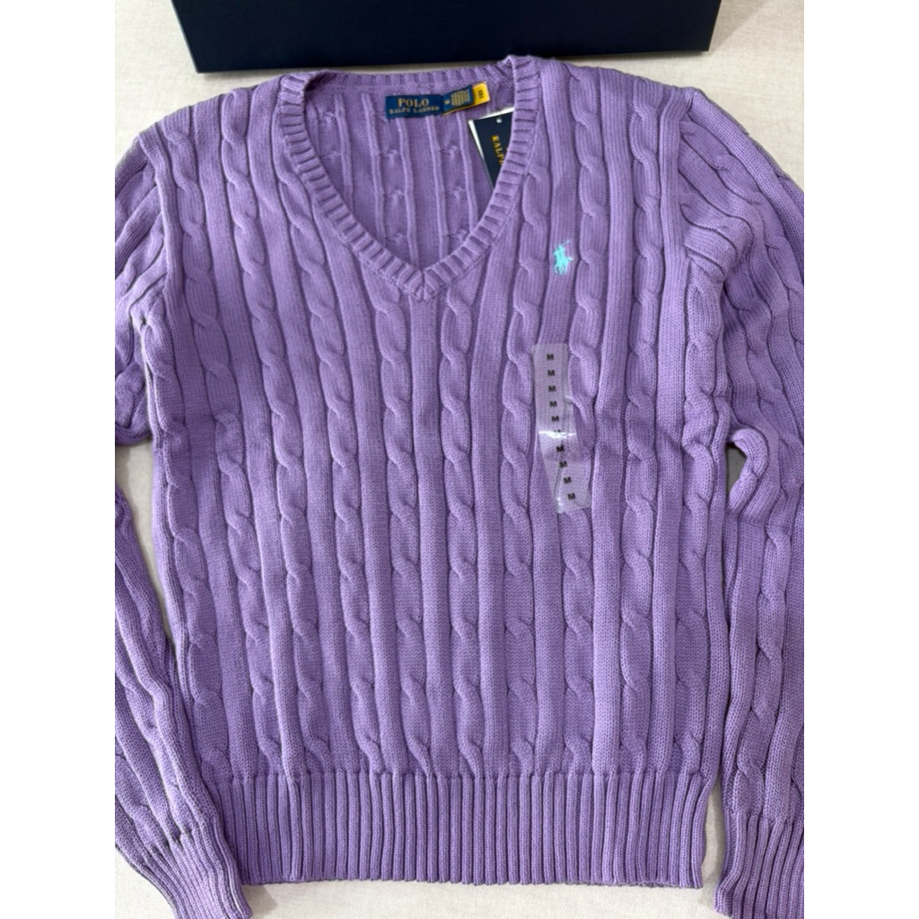 Polo ralph laurenCable-knit Cotton V-neck Sweater Purple สีม่วง ราคา ถูกที่สุด ดีลบีเคเค แกลเลอรีภาพที่ 2