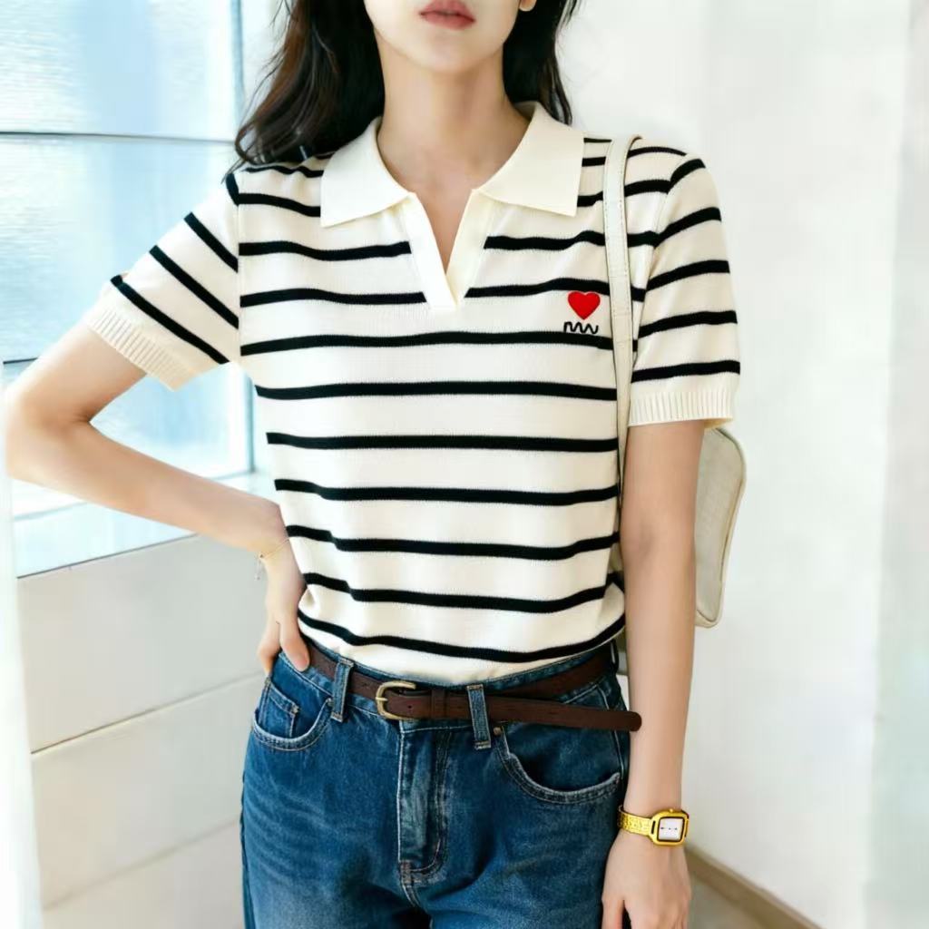 เสื้อคอปกแขนสั้น ผ้าไหมพรม* แฟชั่นสไตล์เกาหลี5A162*