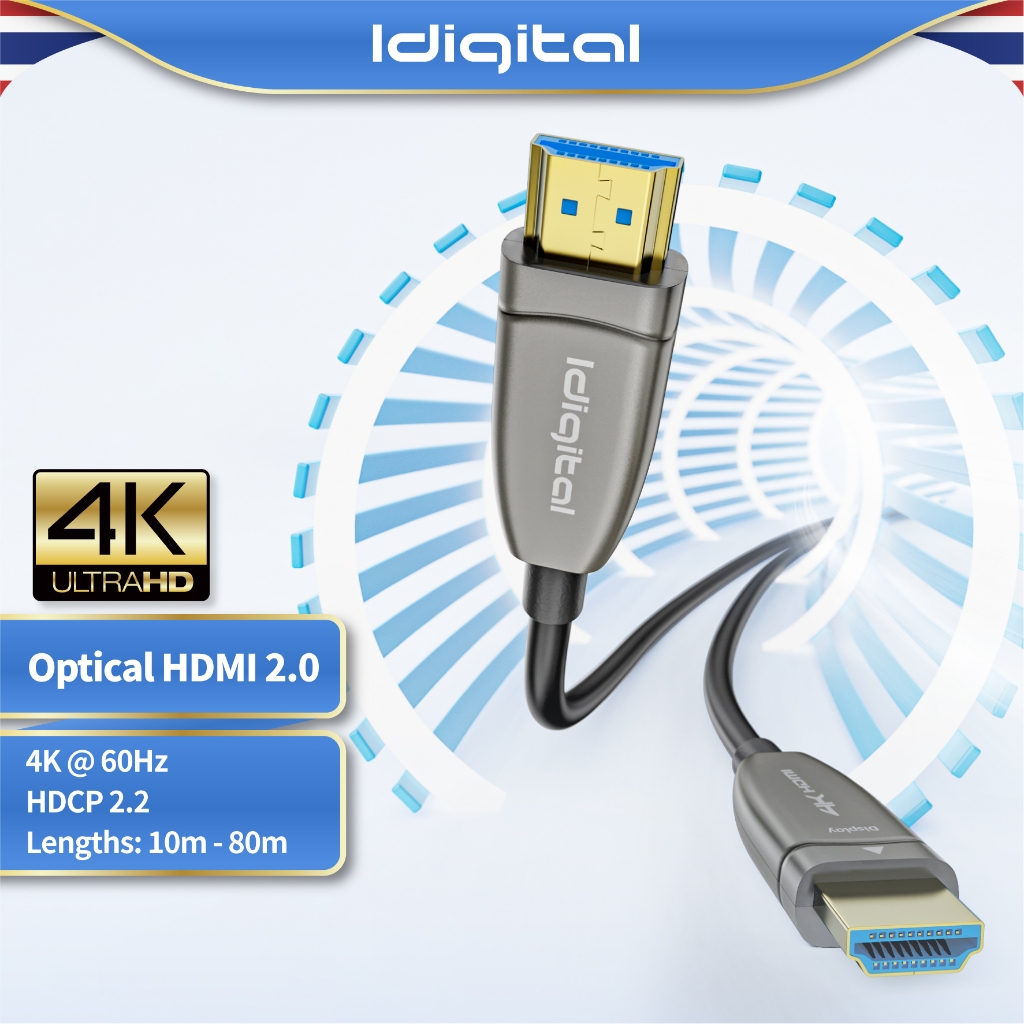 Idigital สาย Fiber Optic HDMI 2.0 AOC Cable 4K600Hz 2K240Hz 18Gbps 10m-80m รองรับ PC TV Projector, รับประกัน 1 ปี