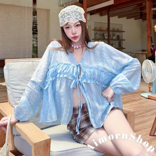 🔥aimorn_shop🔥เสื้อคอวี แต่งผูกโบว์หน้า ปลายแขนจั้ม สาวอวบใส่ได้ งานผ้าพริ้ว แต่งลายดอกสวยๆ