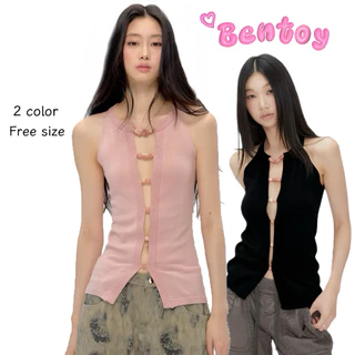 Bentoy(Q147)เสื้อกล้ามไหมพรมทรงรัดรูป ดูเซ็กซี่แต่คลาสสิก ดีเทลเปิดหน้าพร้อมลูกปัดมือแต่งแบบฮันด์เมด ดูหรูไม่เหมือนใคร