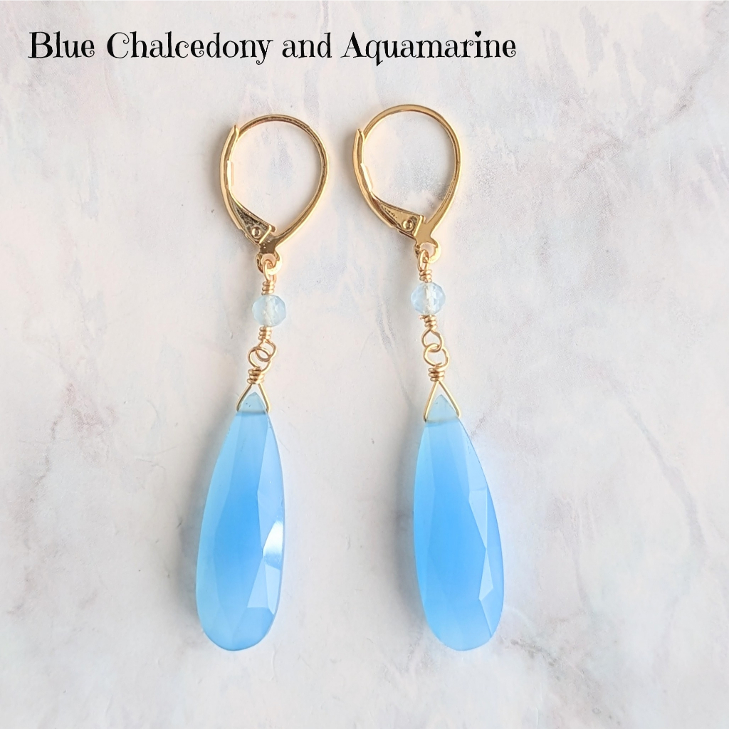 ต่างหูหินแท้ บลูคาลซิโดนี & อะความารีน (Blue Chalcedony & Aquamarine) 💙 แฮนด์เมดจากญี่ปุ่น | Gemstone Earrings