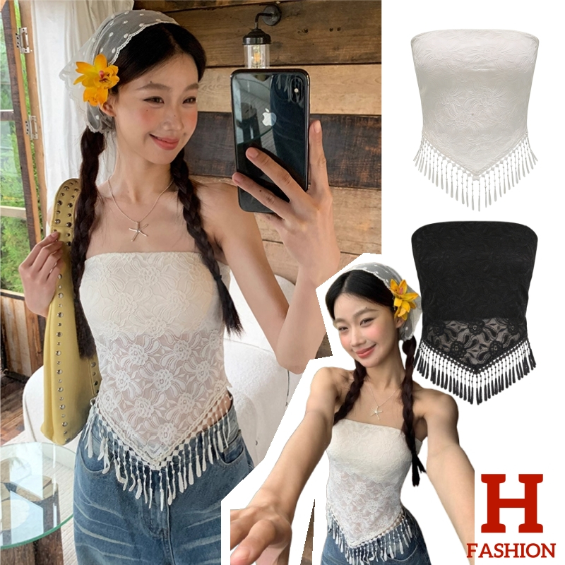 HOTราคาล้างสต็อก! เสื้อเกาะอก เสริมฟองน้ำในตัว ถักไหมพรมสีขาวดำ FY5525