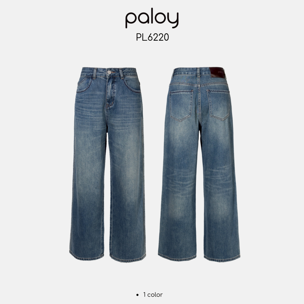 Paloy - PL6220 กางเกงยีนส์ขากระบอกใหญ่ แต่งกระเป๋าหน้าเฉียง ป้ายหนัง