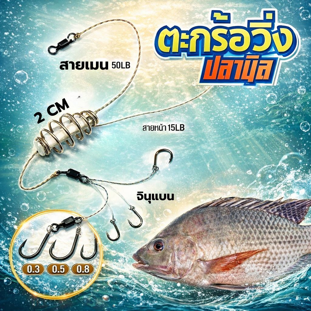 ตะกร้อวิ่งปลานิล  ตะกร้อมีขนาดเดียว 2 cm.   เบ็ด จินุ 0.3 ิ 0.5 0.8 – โปรปัง