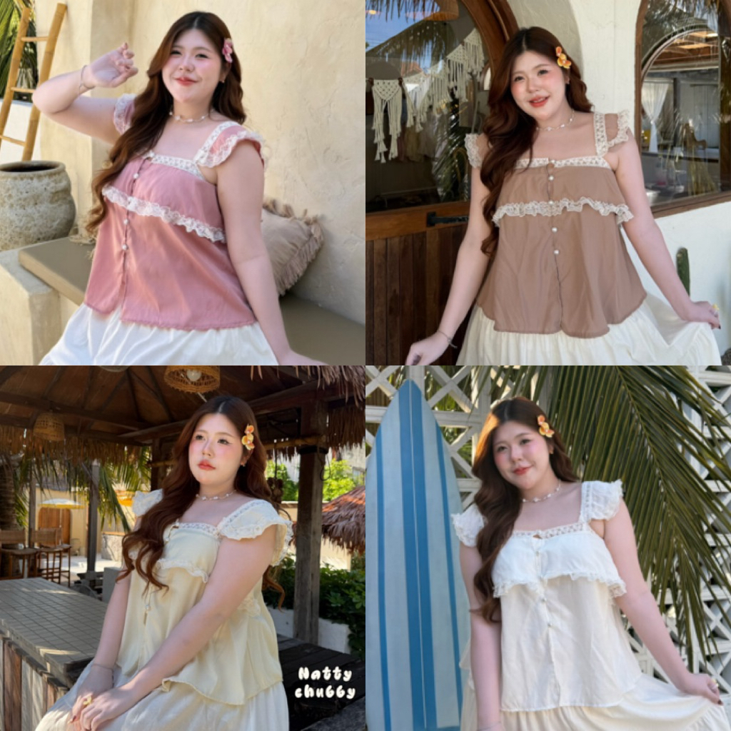 NC เสื้อสายเดี่ยว แขนระบาย แต่งลูกไม้จัดเต็ม หวานน่ารักมาก ผ้าไหมญี่ปุ่น ไซส์ใหญ่ plussize
