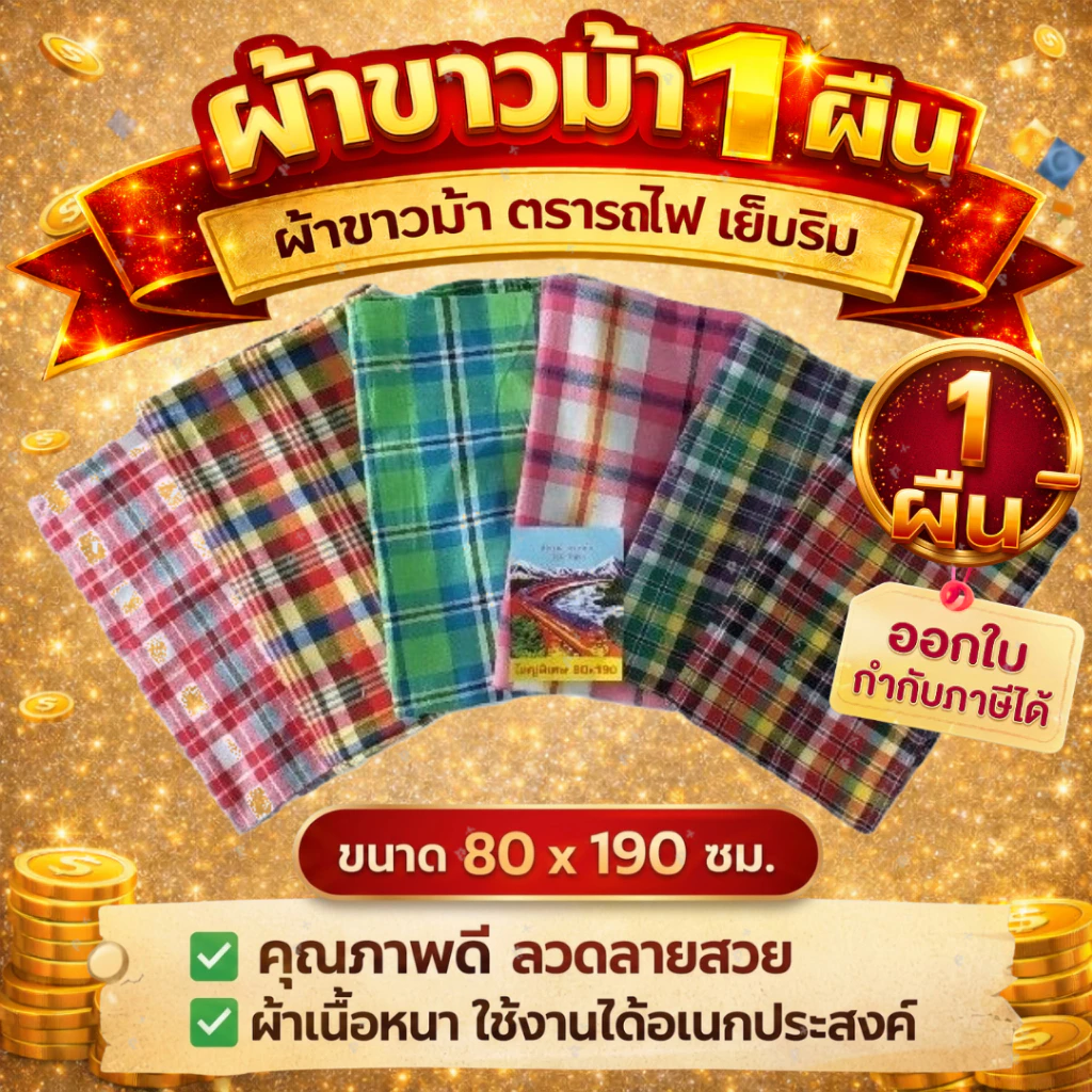 ผ้าขาวม้า ผ้าขาวม้าตรารถไฟ ผ้าขาวม้าเย็บริม ขนาด 80x190cm จำนวน 1 ผืน