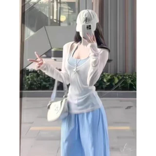 เสื้อสายเดี่ยวแขนยาวคอ halter ป้องกันแสงแดด ดีไซน์น่ารัก แบรนด์ดังสำหรับฤดูร้อน เรียบง่ายและเก๋ไก๋ เหมาะสำหรับใส่ลำลอง