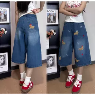 Swan shop (ไชด์S-4XL)กางเกงยีนส์ขาห้าส่วนทรงหลวม ลายการ์ตูนน้องหมา แต่งปักน่ารัก ใส่สบาย