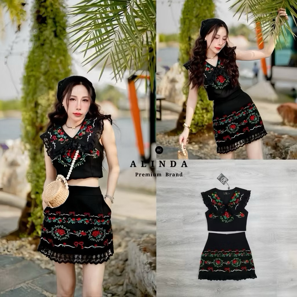 ALINDA ชุดเซ็ตเสื้อกระโปรงสุดน่ารัก (Size S)BP071 มือ1 ป้ายห้อย ชุดสีดำ ชุดใส่เที่ยว