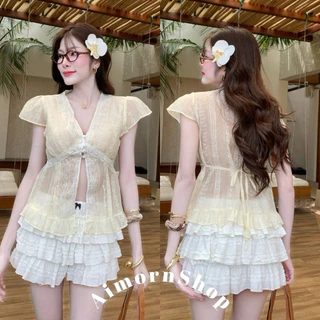 🔥aimorn_shop🔥เสื้อคอวีแขนล้ำ ผ้าบางแต่งลูกไม้กระดุมมุก มีสายผูกหลัง งานน่ารักมาก แมทช์ง่ายสุดๆ