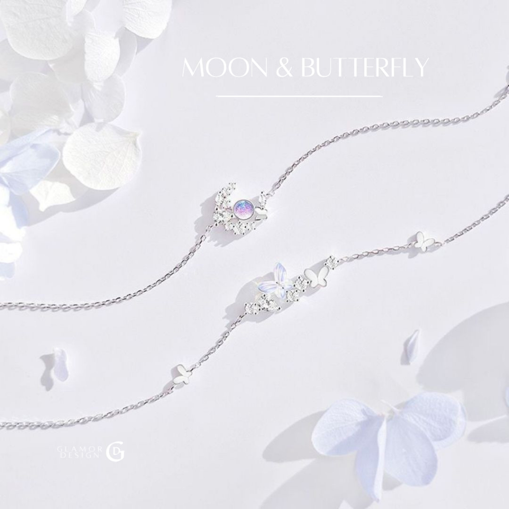GLAMOR สร้อยข้อมือเงินแท้ Moon & Butterfly กำไลข้อมือแฟชั่นลายผีเสื้อ รุ่งอรุณ กำไลเพชร ใหม่เอี่ยม