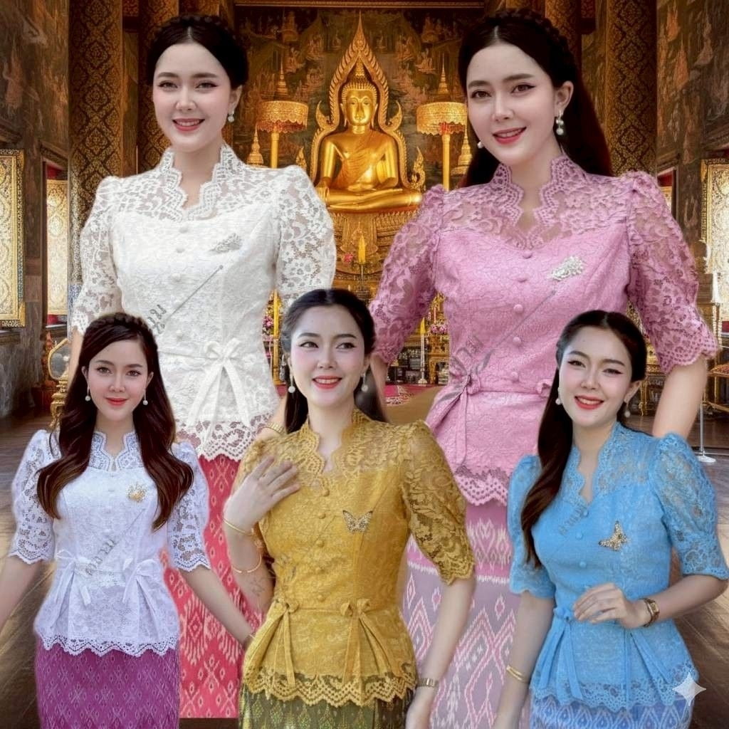 เสื้อลูกไม้คอระบายแต่งโบว์น่ารักๆ ใส่กับผ้าถุงสวยๆ ได้ทุกโอกาส