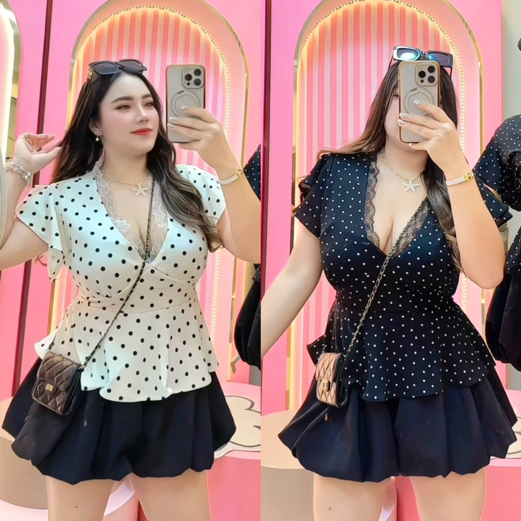 เสื้อลายจุดโพกาดอทแต่งคอลูกไม้นัว🖤✨🌸 อก32-46 เสื้อสาวอวบ