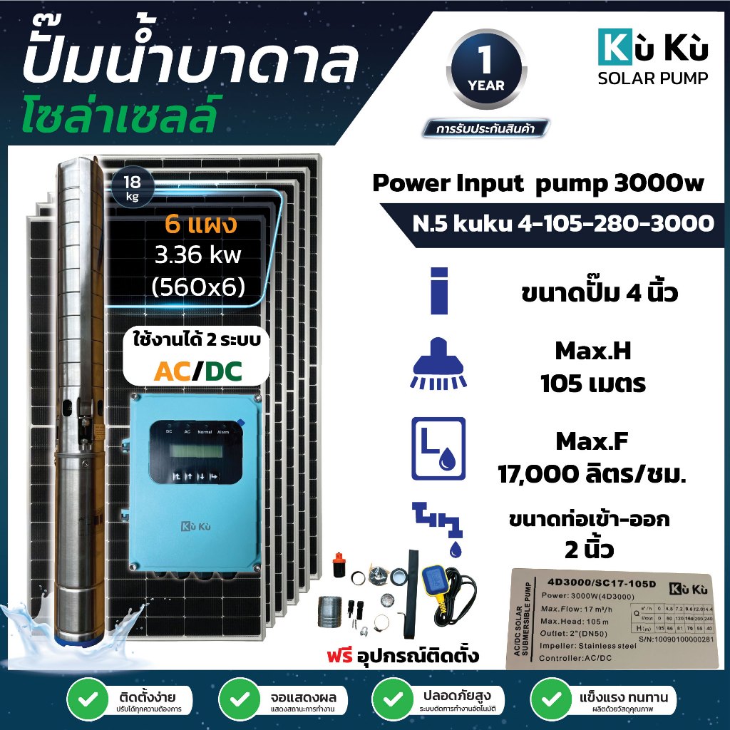 KUKU DC SOLAR PUMP ชุดปั๊มน้ำบาดาล ปั๊มน้ำโซลาร์เซลล์  DC/AC 3000W  พร้อมชุดโซลาร์เซลล์ 1.68 Kw Max.